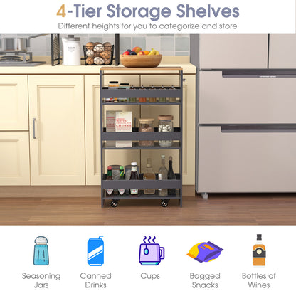 Slim Rolling Storage Cart with 4 Shelves and Handle, Narrow Organizer on Wheels - Grey