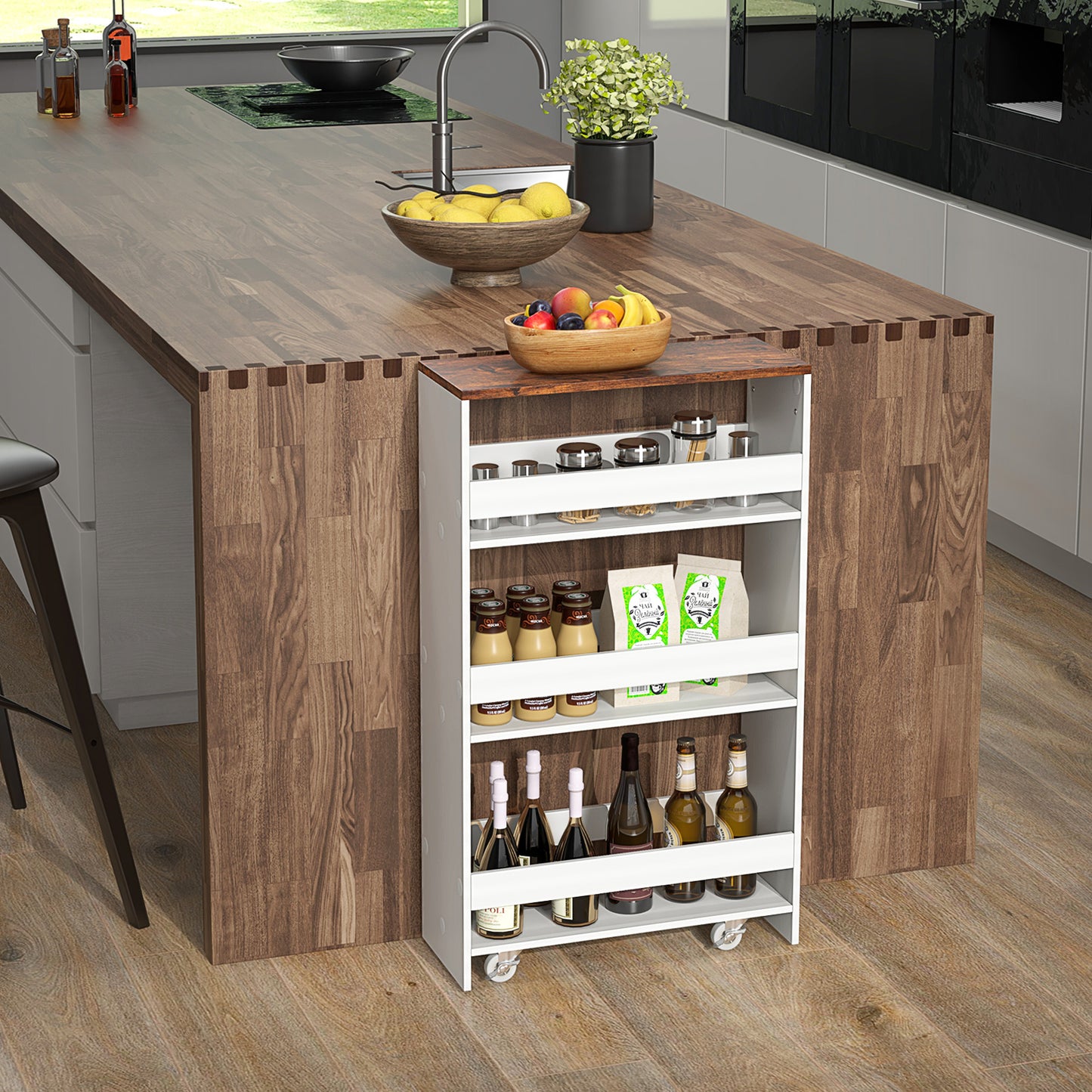 Slim Rolling Storage Cart with 4 Shelves and Handle, Narrow Organizer on Wheels - Rustic Brown