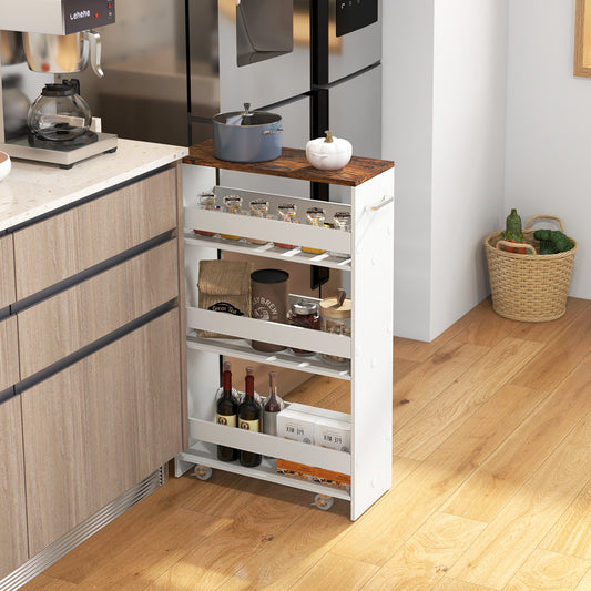 Slim Rolling Storage Cart with 4 Shelves and Handle, Narrow Organizer on Wheels - Rustic Brown