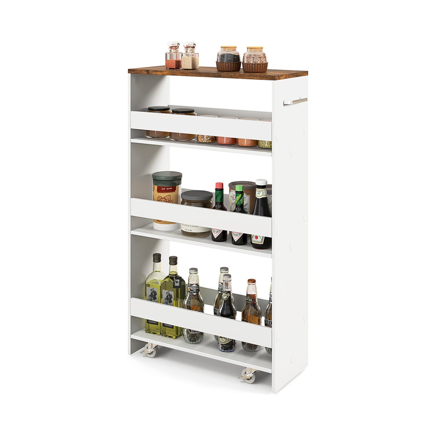Slim Rolling Storage Cart with 4 Shelves and Handle, Narrow Organizer on Wheels - Rustic Brown