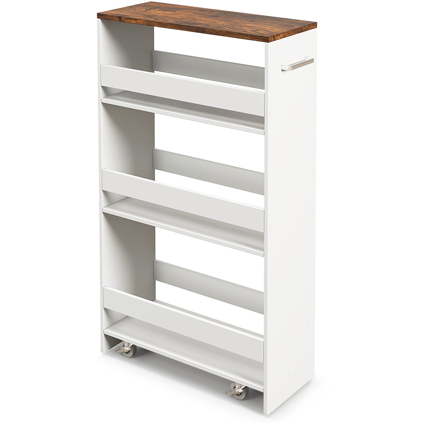 Slim Rolling Storage Cart with 4 Shelves and Handle, Narrow Organizer on Wheels - Rustic Brown