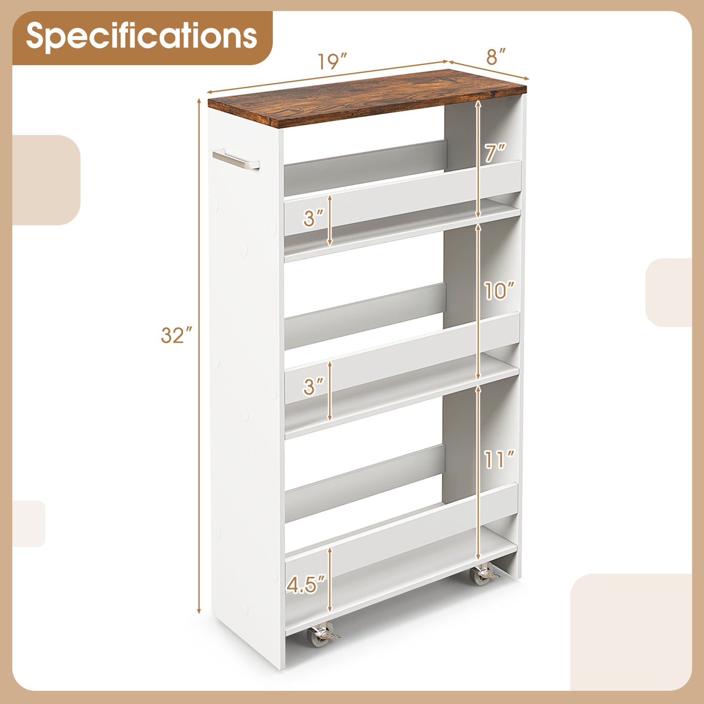 Slim Rolling Storage Cart with 4 Shelves and Handle, Narrow Organizer on Wheels - Rustic Brown