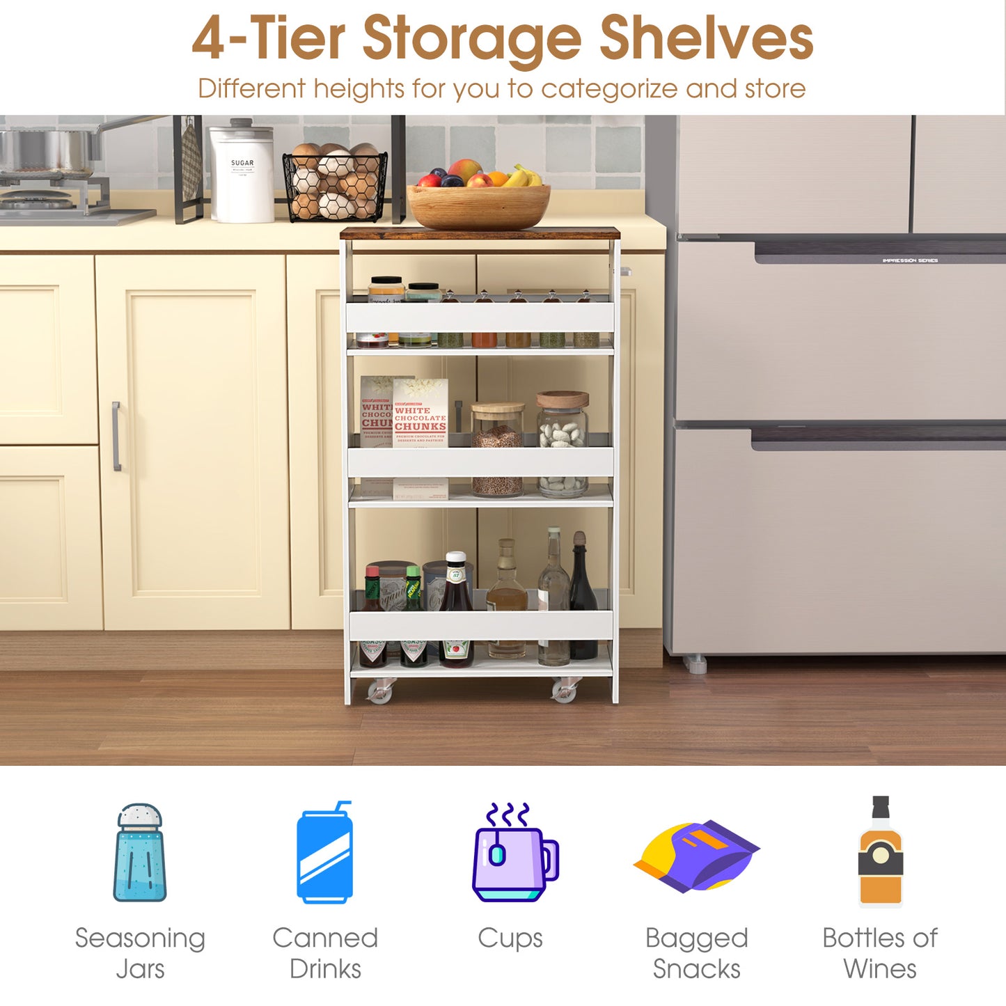 Slim Rolling Storage Cart with 4 Shelves and Handle, Narrow Organizer on Wheels - Rustic Brown