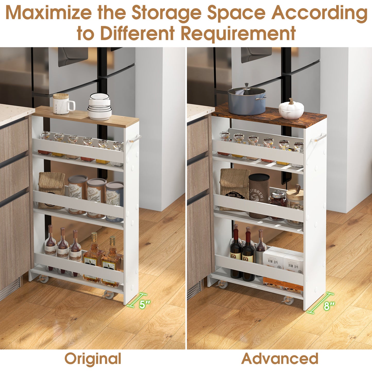 Slim Rolling Storage Cart with 4 Shelves and Handle, Narrow Organizer on Wheels - Rustic Brown