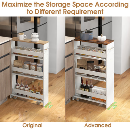 Slim Rolling Storage Cart with 4 Shelves and Handle, Narrow Organizer on Wheels - Rustic Brown