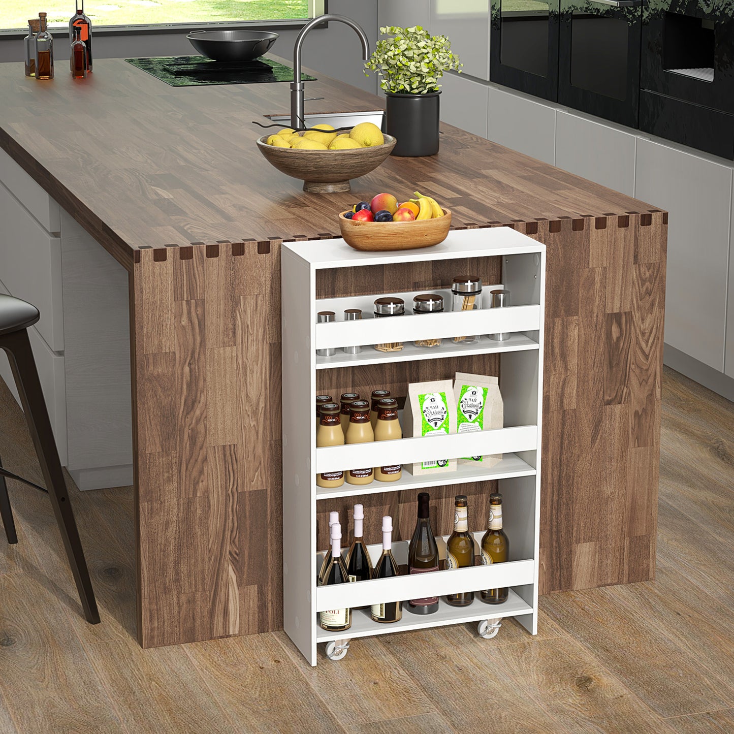 Slim Rolling Storage Cart with 4 Shelves and Handle, Narrow Organizer on Wheels - White