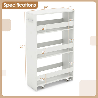 Slim Rolling Storage Cart with 4 Shelves and Handle, Narrow Organizer on Wheels - White