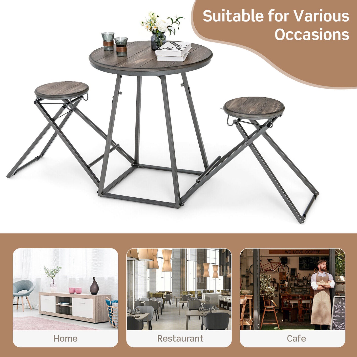 3 Piece Dining Set with Foldable Stools and Round Table Ideal for Small Spaces and Apartments