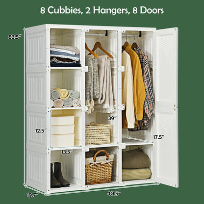 Foldable Closet Organizer with Hanging Rod and 8 Cubby Storage for Clothes and Bedding