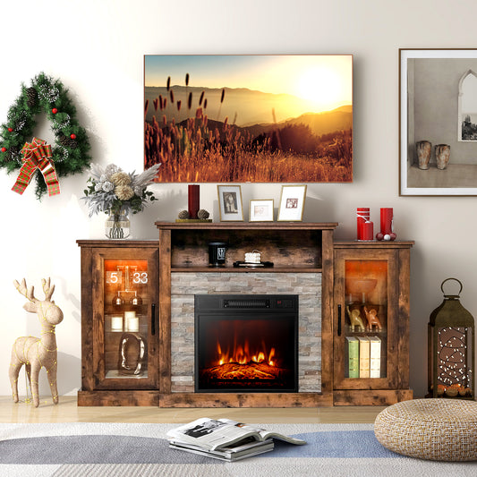 TV Cabinet with Electric Fireplace and Remote-Controlled LED Lights for TVs up to 65 Inches - Brown
