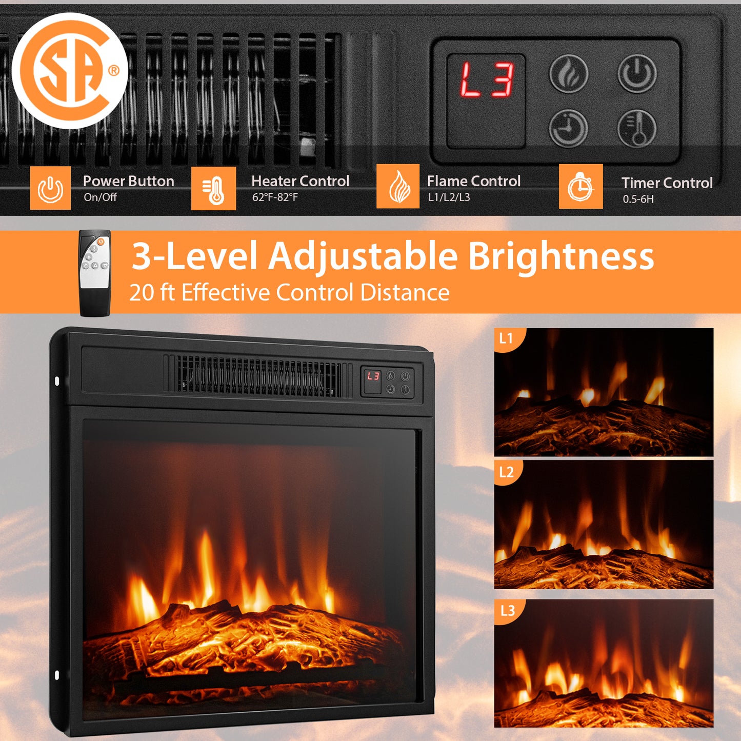 TV Cabinet with Electric Fireplace and Remote-Controlled LED Lights for TVs up to 65 Inches - Brown