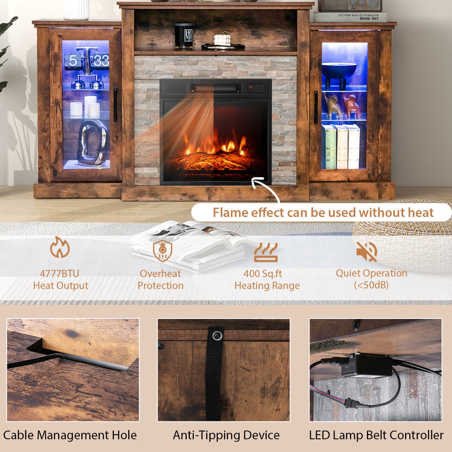 TV Cabinet with Electric Fireplace and Remote-Controlled LED Lights for TVs up to 65 Inches - Brown