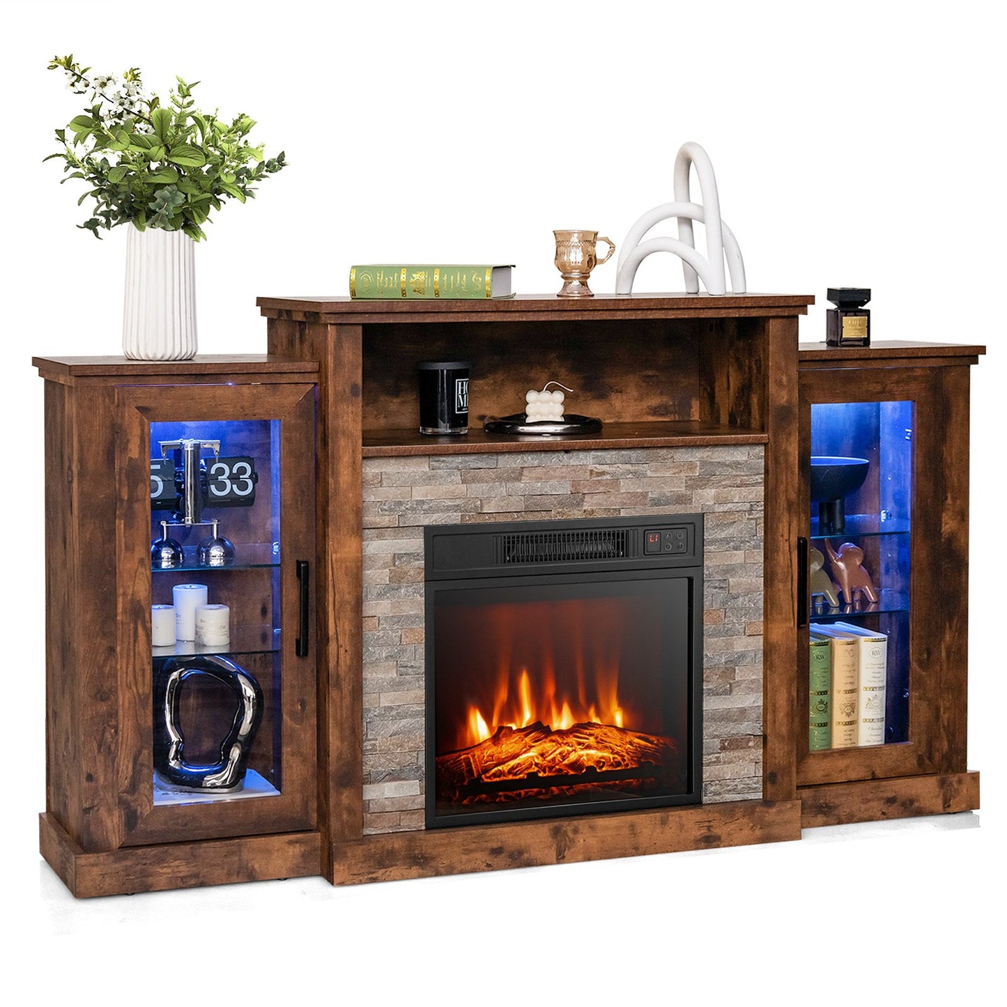 TV Cabinet with Electric Fireplace and Remote-Controlled LED Lights for TVs up to 65 Inches - Brown