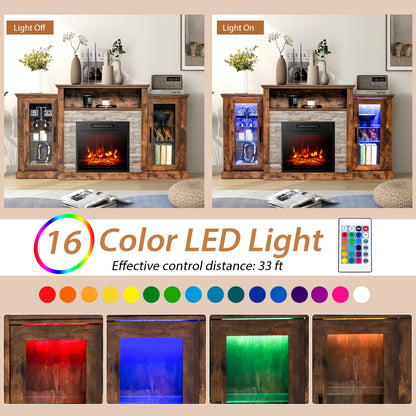 TV Cabinet with Electric Fireplace and Remote-Controlled LED Lights for TVs up to 65 Inches - Brown