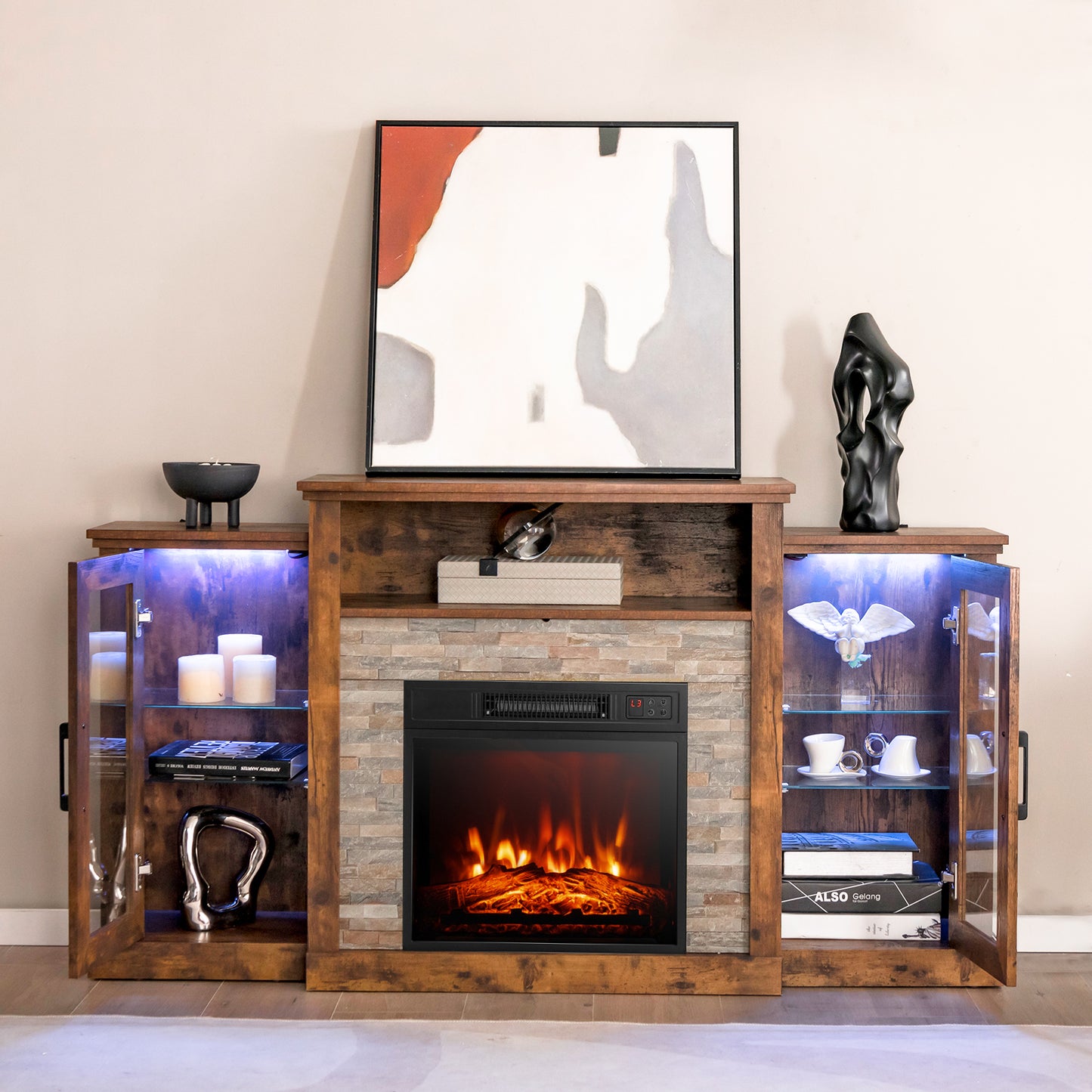 TV Cabinet with Electric Fireplace and Remote-Controlled LED Lights for TVs up to 65 Inches - Brown