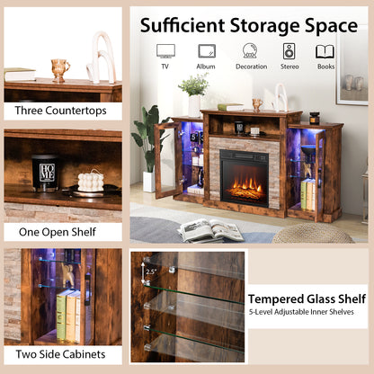 TV Cabinet with Electric Fireplace and Remote-Controlled LED Lights for TVs up to 65 Inches - Brown