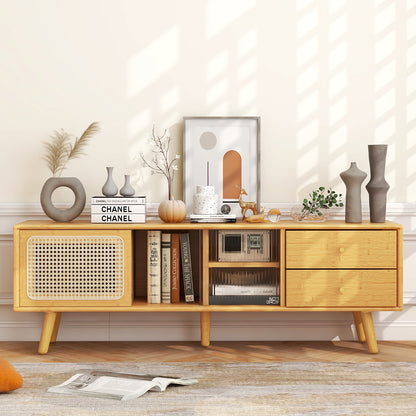 Bamboo TV Stand with Rattan and Glass Doors for TVs up to 65 Inches - Natural