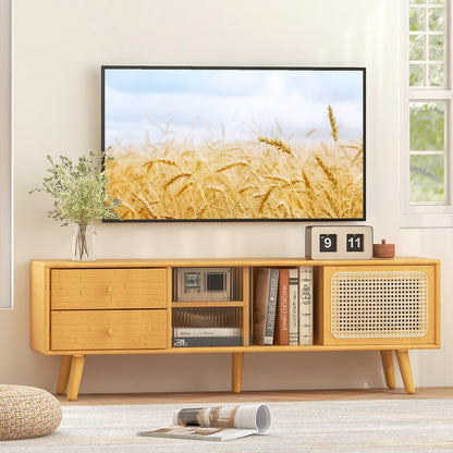 Bamboo TV Stand with Rattan and Glass Doors for TVs up to 65 Inches - Natural