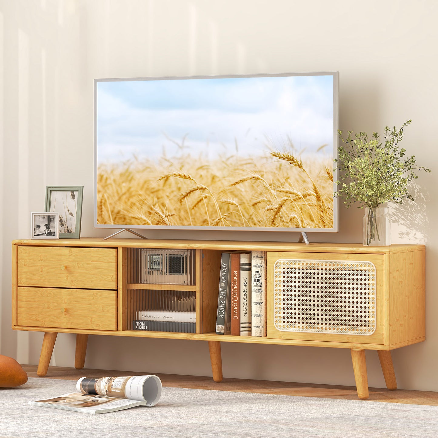 Bamboo TV Stand with Rattan and Glass Doors for TVs up to 65 Inches - Natural