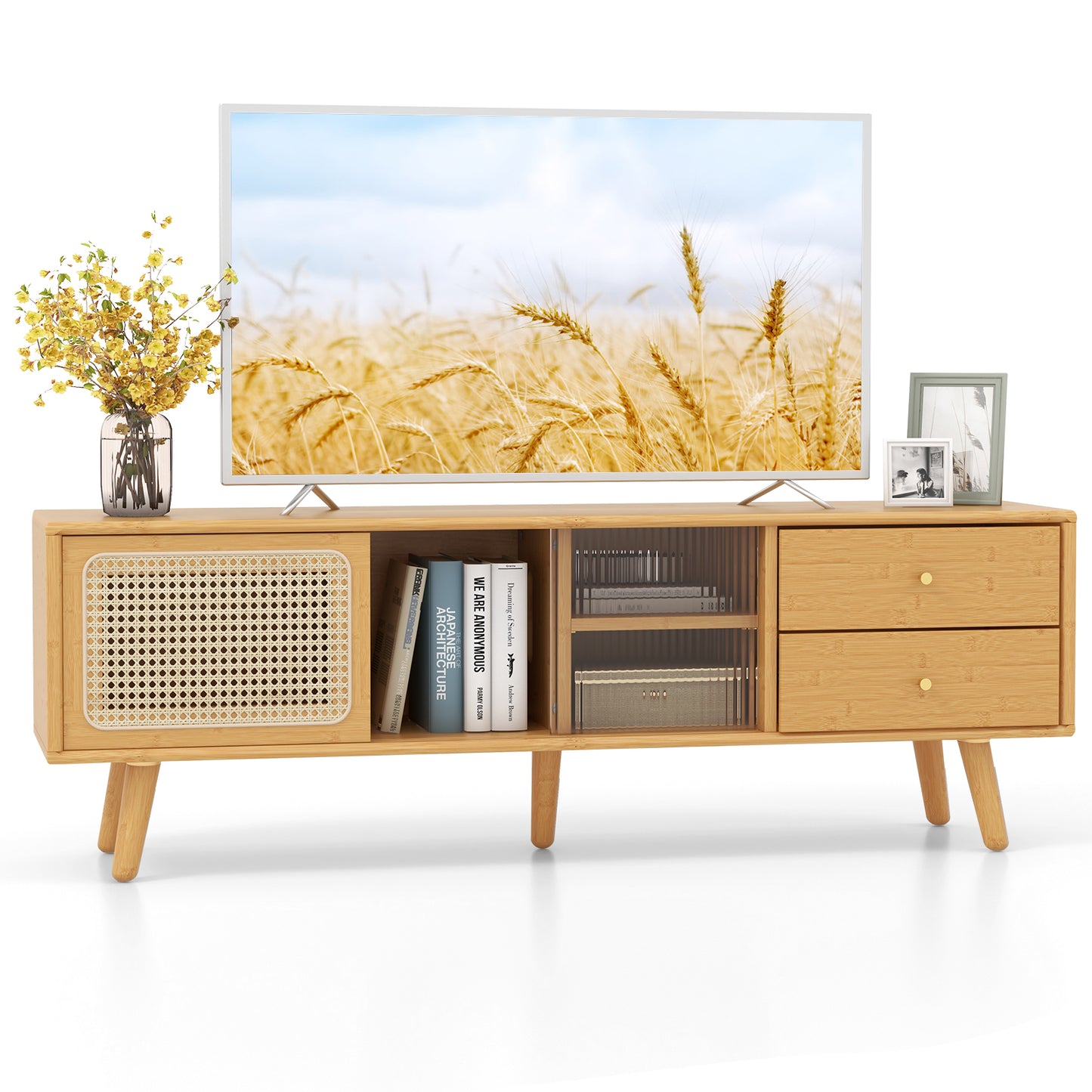 Bamboo TV Stand with Rattan and Glass Doors for TVs up to 65 Inches - Natural