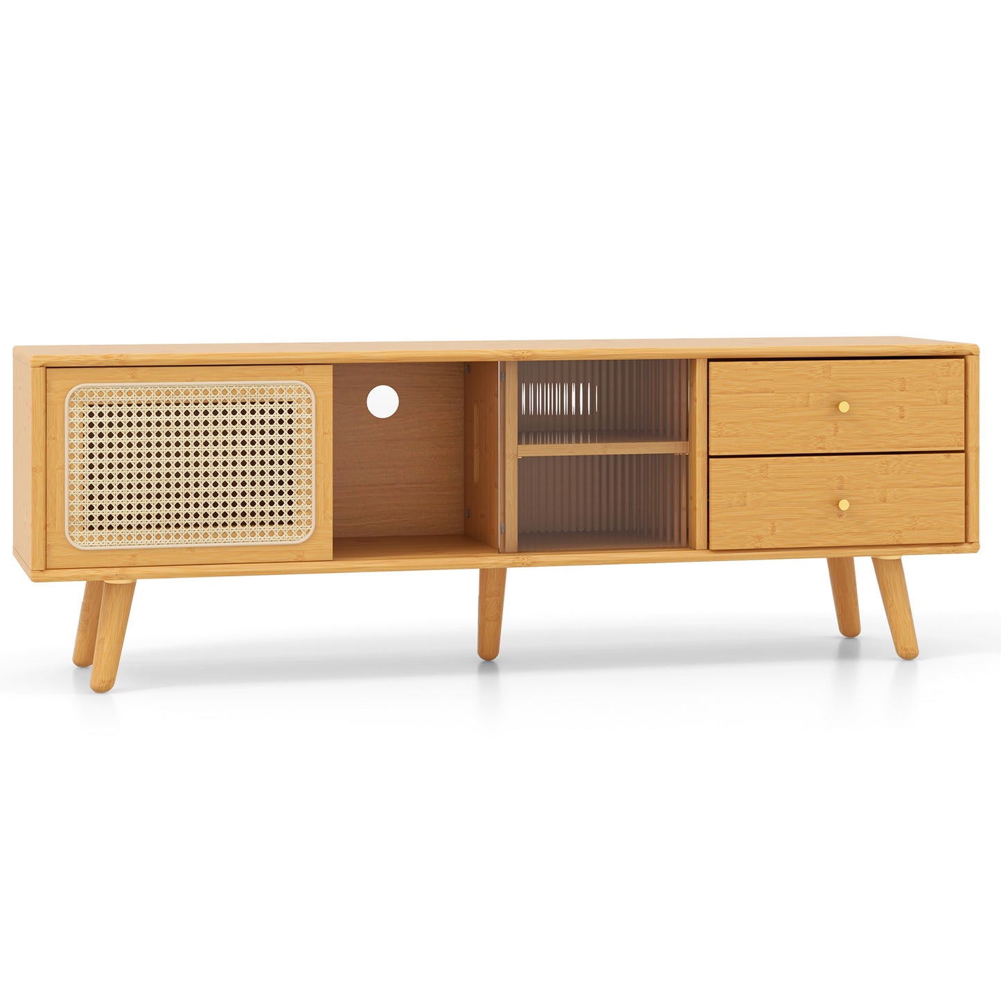 Bamboo TV Stand with Rattan and Glass Doors for TVs up to 65 Inches - Natural