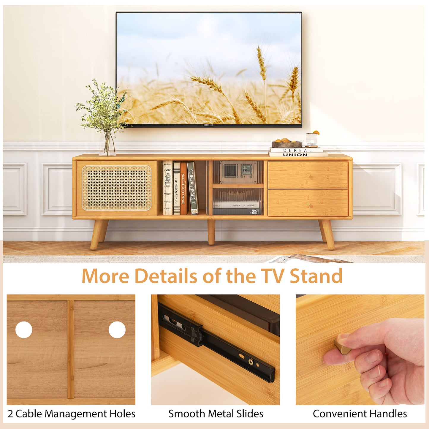 Bamboo TV Stand with Rattan and Glass Doors for TVs up to 65 Inches - Natural
