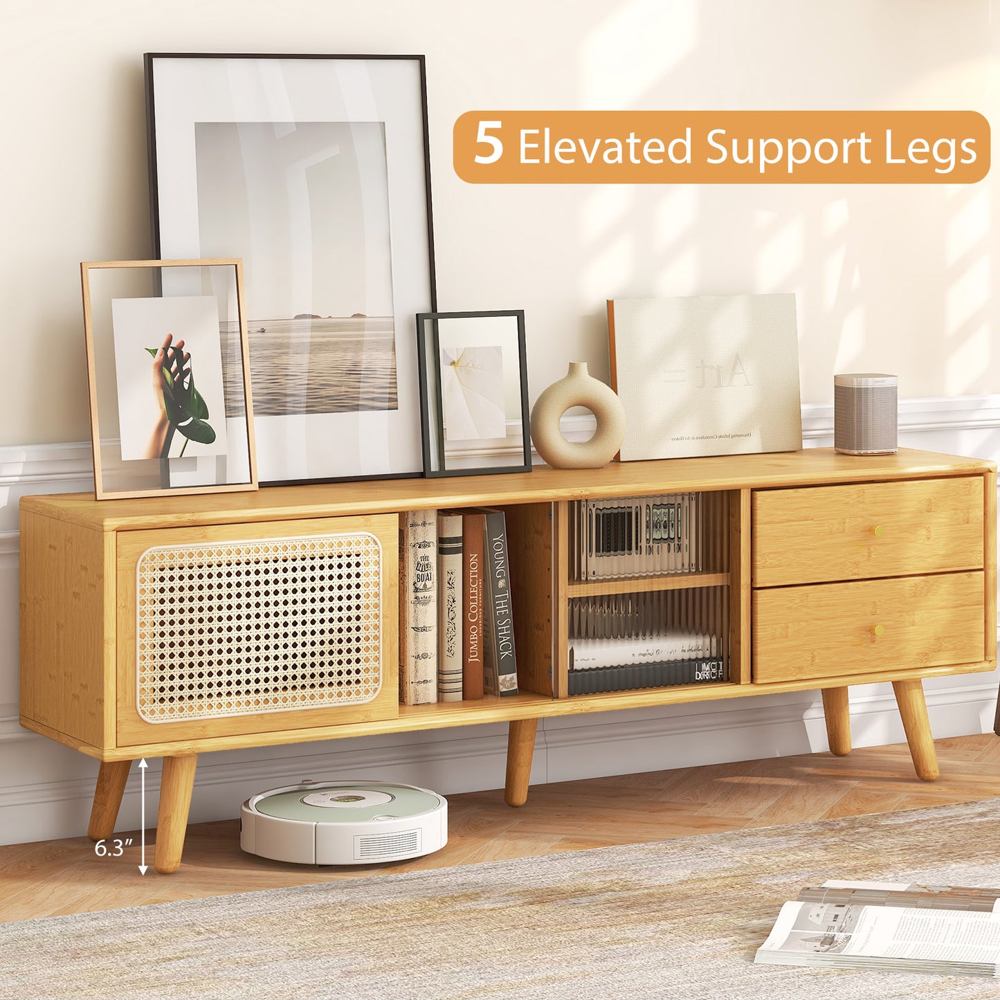 Bamboo TV Stand with Rattan and Glass Doors for TVs up to 65 Inches - Natural
