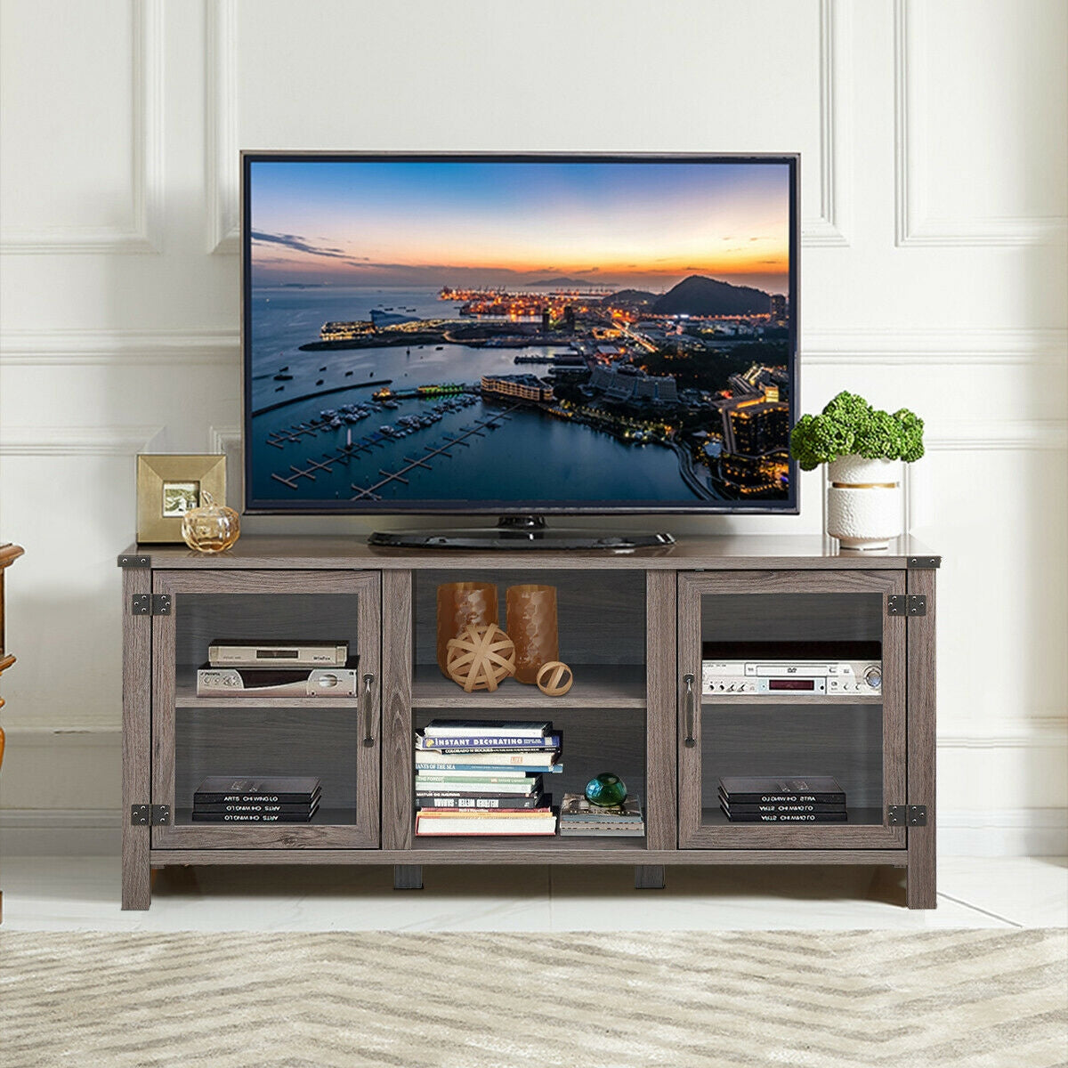 Wooden TV Console with Open Storage and Cable Management for TVs up to 65 Inches - Grey
