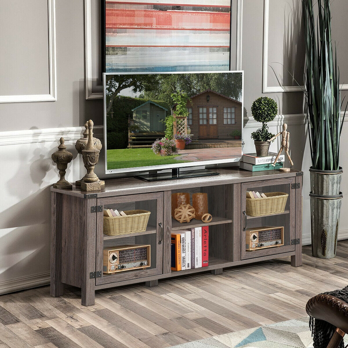 Wooden TV Console with Open Storage and Cable Management for TVs up to 65 Inches - Grey