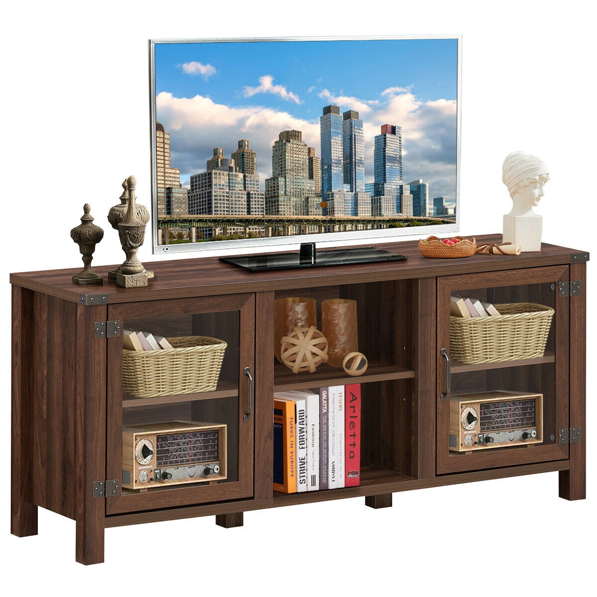 Wooden TV Console with Open Storage and Cable Management for TVs up to 65 Inches - Walnut