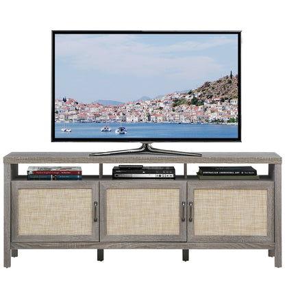 Modern TV Cabinet with Rattan Doors and Open Shelf for Flat Screen TVs up to 65 Inches - Grey
