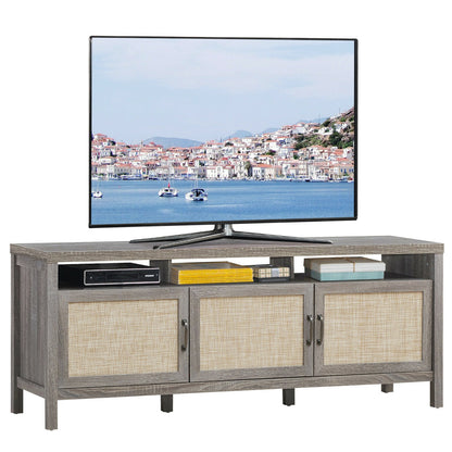 Modern TV Cabinet with Rattan Doors and Open Shelf for Flat Screen TVs up to 65 Inches - Grey