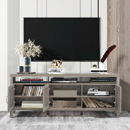 Modern TV Cabinet with Rattan Doors and Open Shelf for Flat Screen TVs up to 65 Inches - Grey
