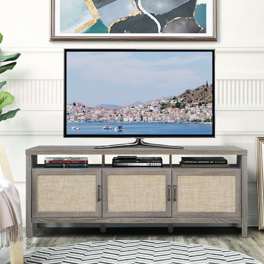 Modern TV Cabinet with Rattan Doors and Open Shelf for Flat Screen TVs up to 65 Inches - Grey