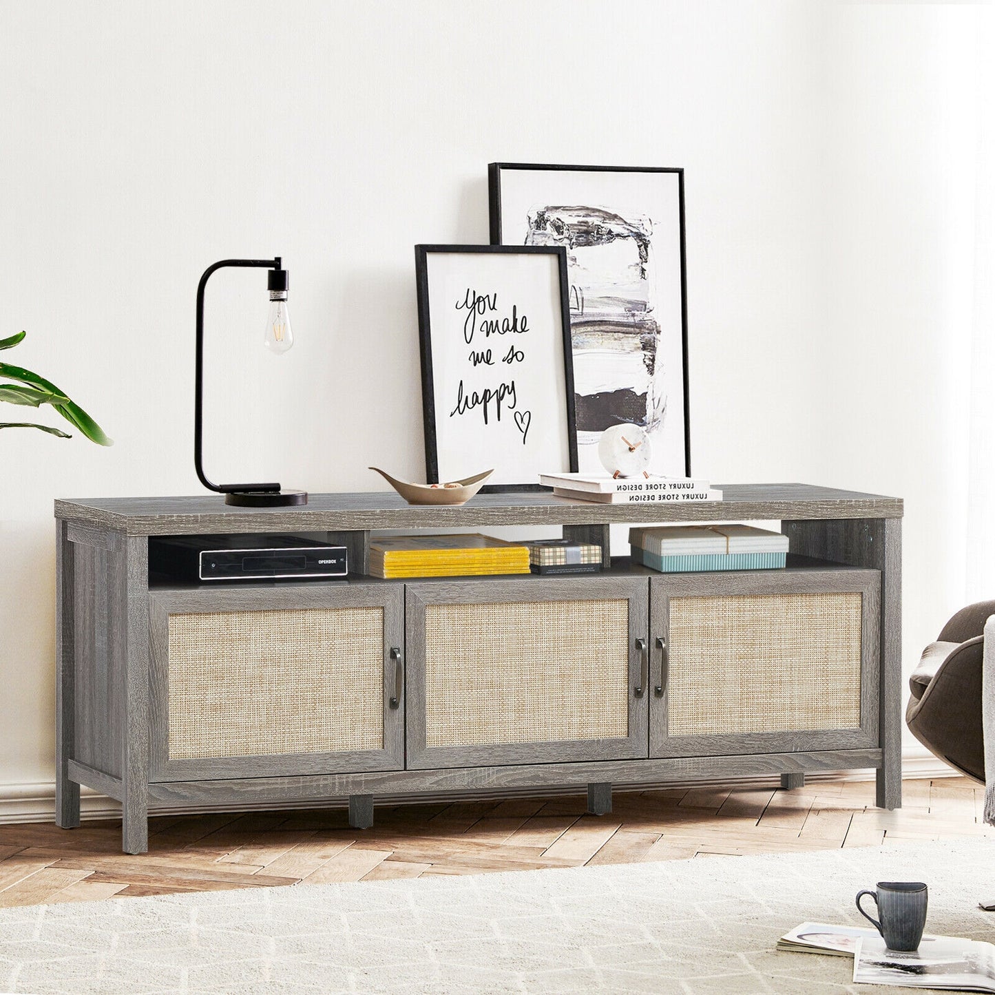 Modern TV Cabinet with Rattan Doors and Open Shelf for Flat Screen TVs up to 65 Inches - Grey