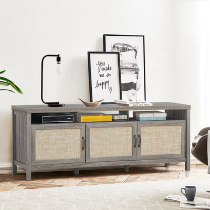 Modern TV Cabinet with Rattan Doors and Open Shelf for Flat Screen TVs up to 65 Inches - Grey