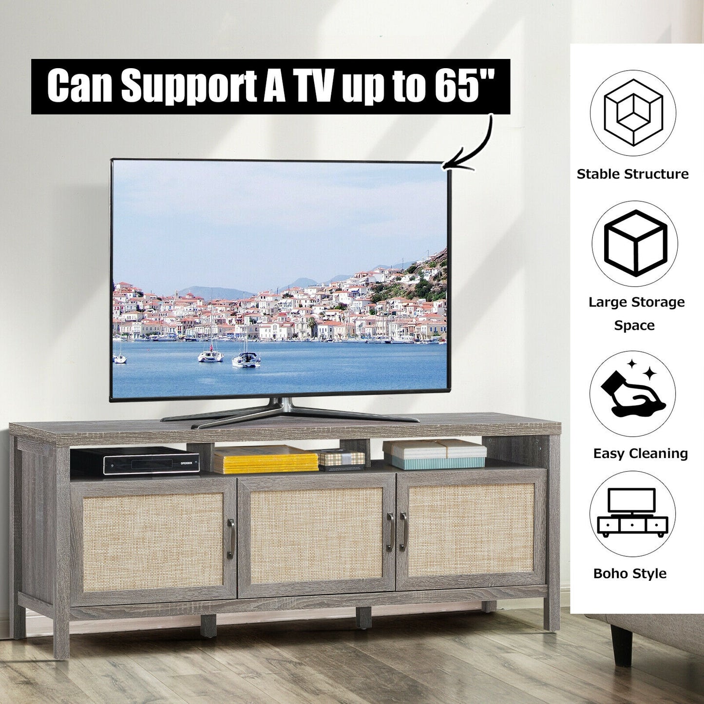 Modern TV Cabinet with Rattan Doors and Open Shelf for Flat Screen TVs up to 65 Inches - Grey