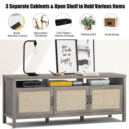 Modern TV Cabinet with Rattan Doors and Open Shelf for Flat Screen TVs up to 65 Inches - Grey