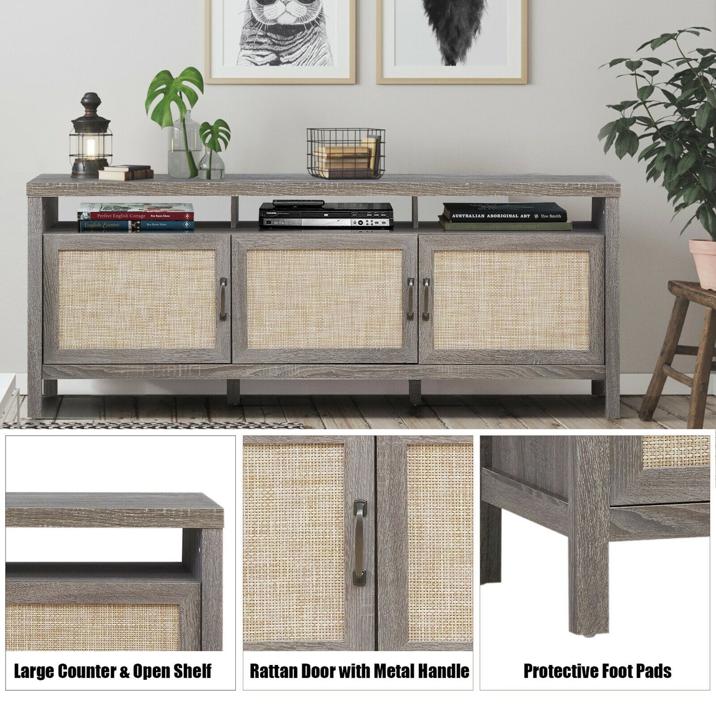 Modern TV Cabinet with Rattan Doors and Open Shelf for Flat Screen TVs up to 65 Inches - Grey