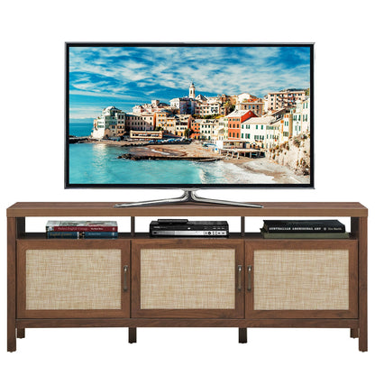 Modern TV Cabinet with Rattan Doors and Open Shelf for Flat Screen TVs up to 65 Inches - Walnut