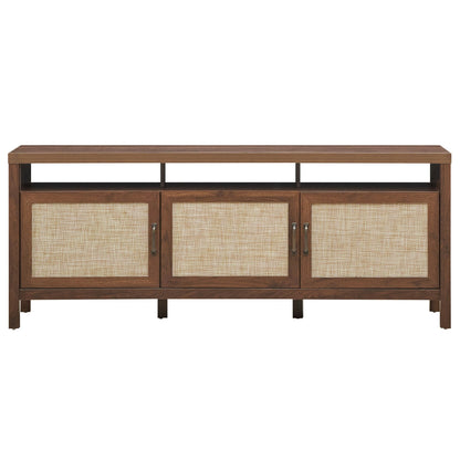 Modern TV Cabinet with Rattan Doors and Open Shelf for Flat Screen TVs up to 65 Inches - Walnut