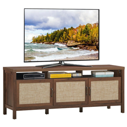 Modern TV Cabinet with Rattan Doors and Open Shelf for Flat Screen TVs up to 65 Inches - Walnut