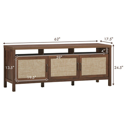 Modern TV Cabinet with Rattan Doors and Open Shelf for Flat Screen TVs up to 65 Inches - Walnut