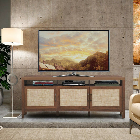 Modern TV Cabinet with Rattan Doors and Open Shelf for Flat Screen TVs up to 65 Inches - Walnut