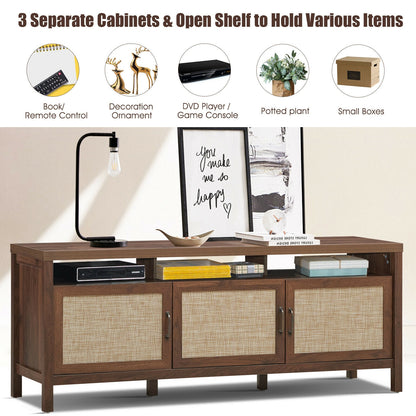 Modern TV Cabinet with Rattan Doors and Open Shelf for Flat Screen TVs up to 65 Inches - Walnut