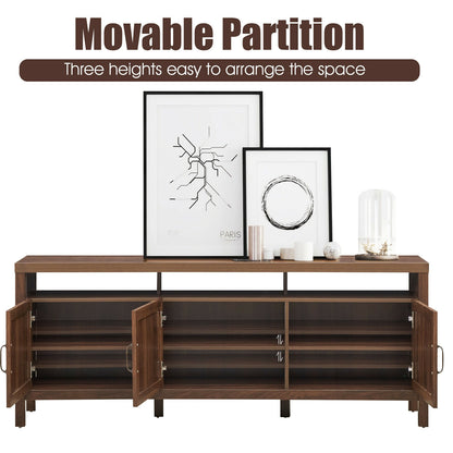 Modern TV Cabinet with Rattan Doors and Open Shelf for Flat Screen TVs up to 65 Inches - Walnut