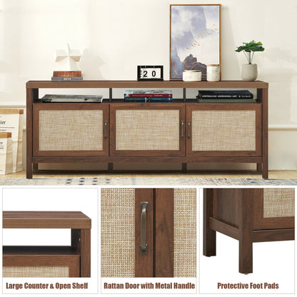 Modern TV Cabinet with Rattan Doors and Open Shelf for Flat Screen TVs up to 65 Inches - Walnut