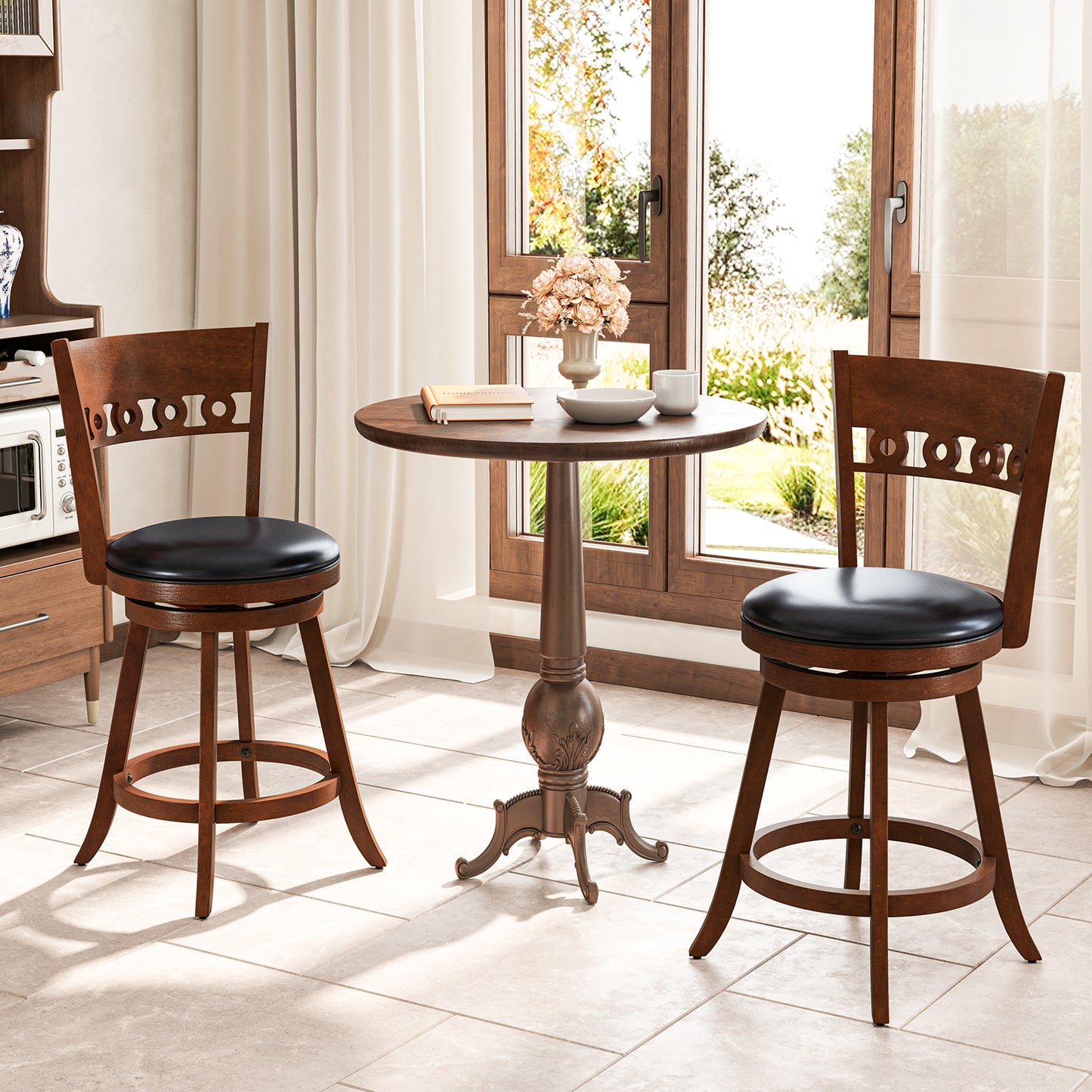 Swivel Bar Stools Set of 2 with Rubber Wood Frame and 24.5 Inch Seat Height