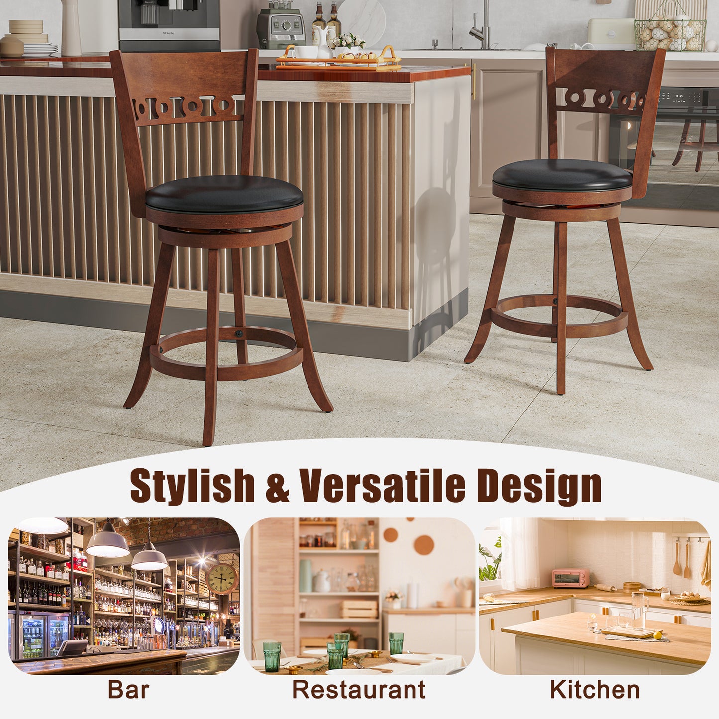 Swivel Bar Stools Set of 2 with Rubber Wood Frame and 24.5 Inch Seat Height