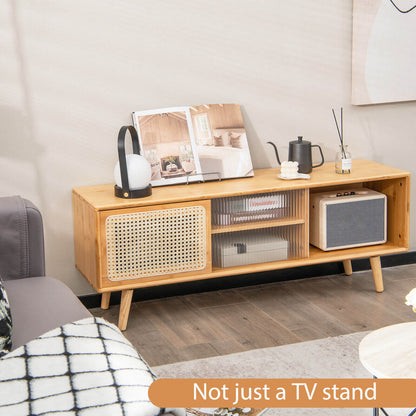 Modern TV Stand with Rattan and Corrugated Glass Sliding Doors for TVs up to 55 Inches - Natural